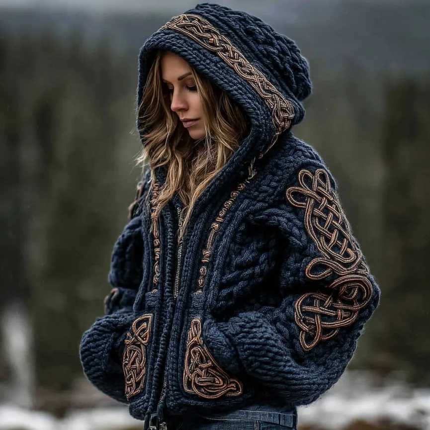 Women's Viking Celtic Knot Cozy Warm Knit Full Zip Hooded Sweater