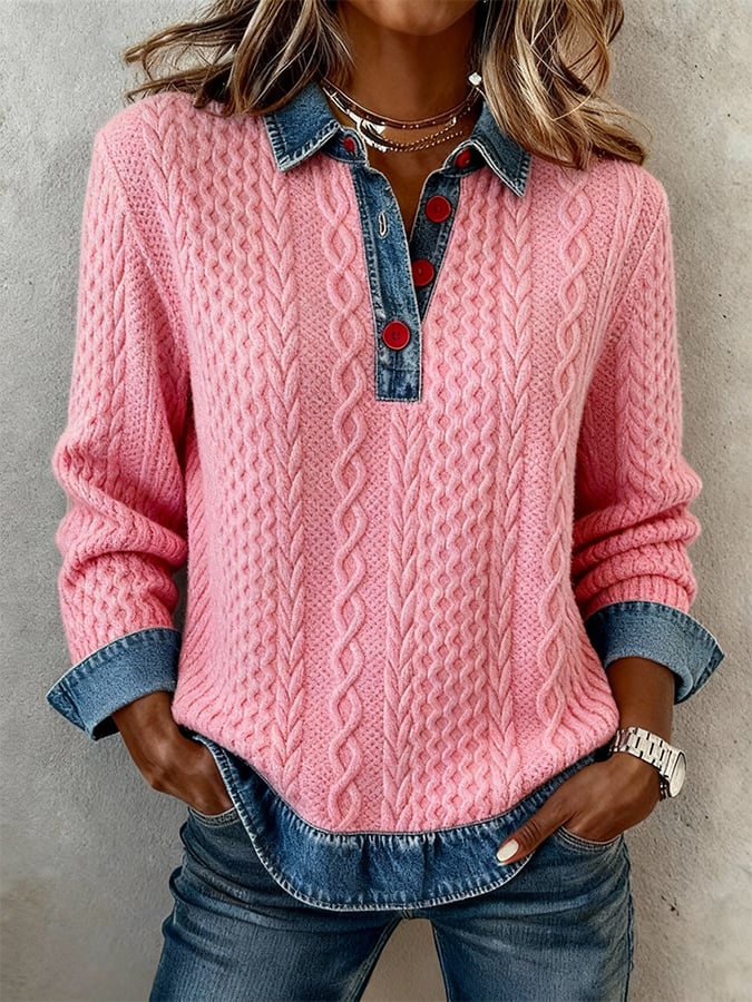 Women's Casual Collared Color Block Sweatshirt