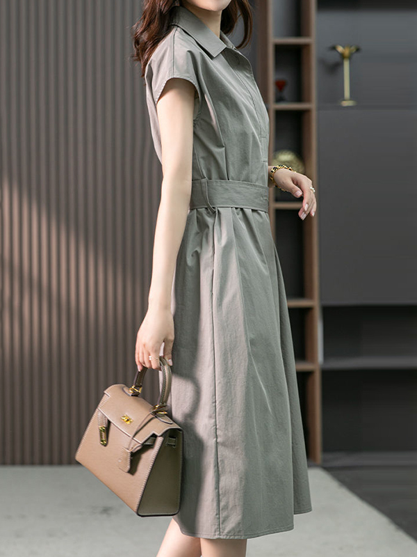 Bandage Solid Color Plus Size Short Sleeves Lapel Midi Dresses