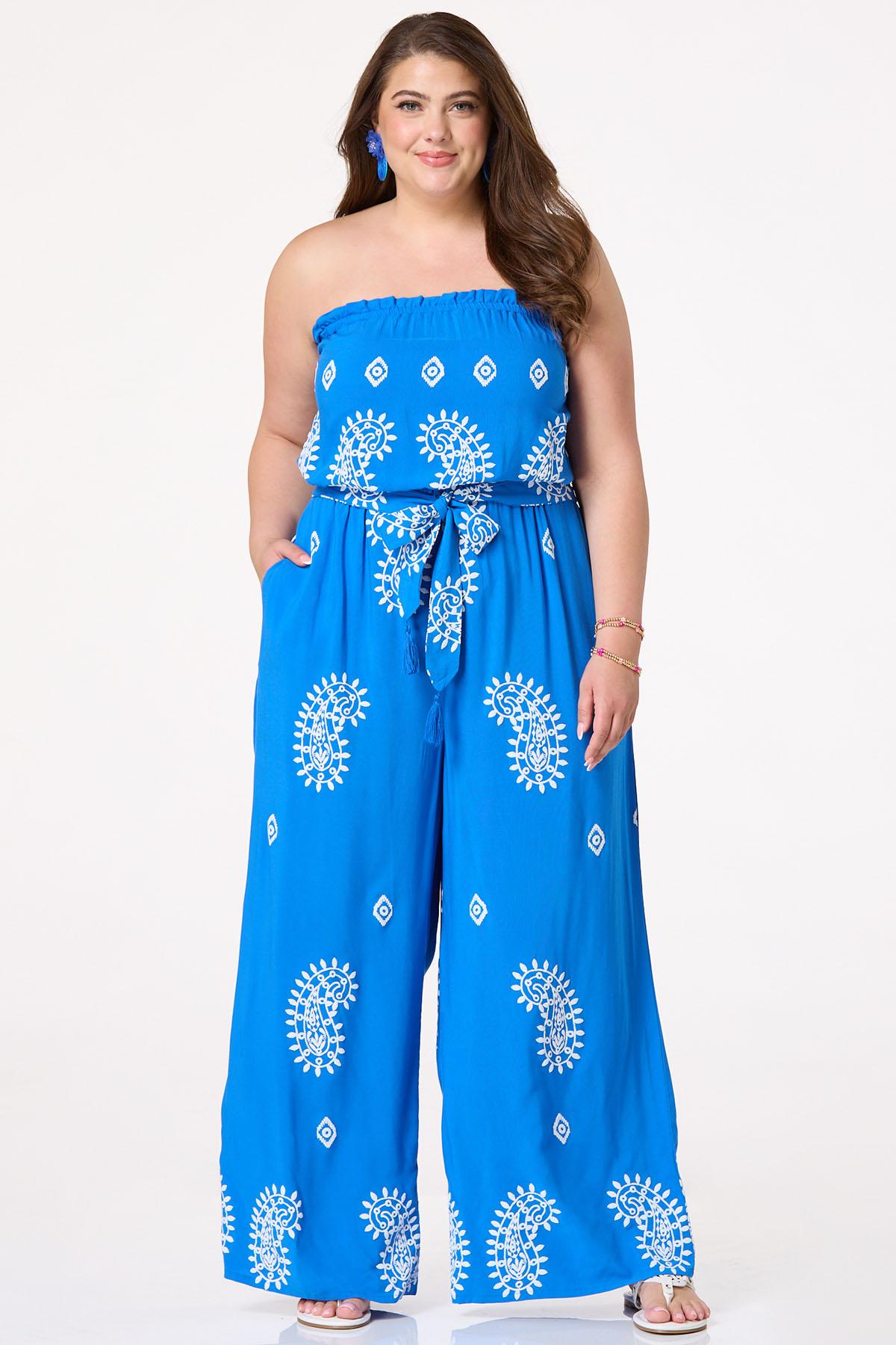 Plus Size Strapless Puff Paisley Jumpsuit