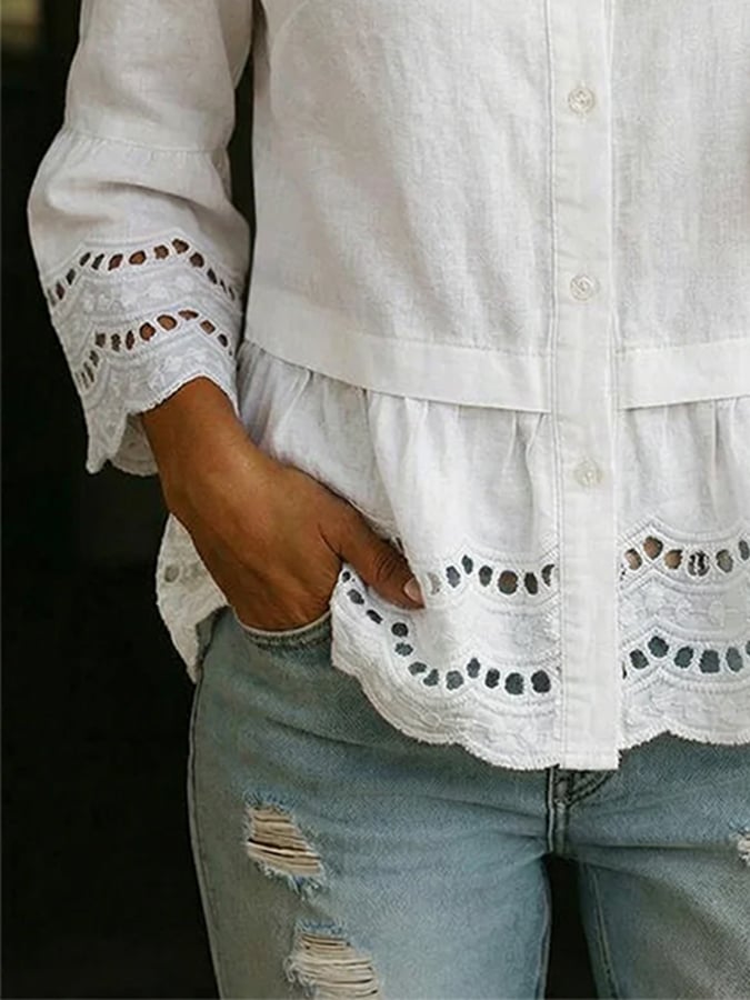Women's Casual Collared Hollow-Out Patchwork Shirt- Fast Shipping