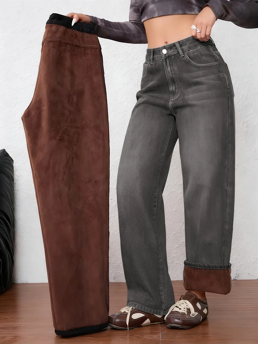 Women's Vintage Fleece-Lined Thickened Fall Winter Wide Leg Jeans