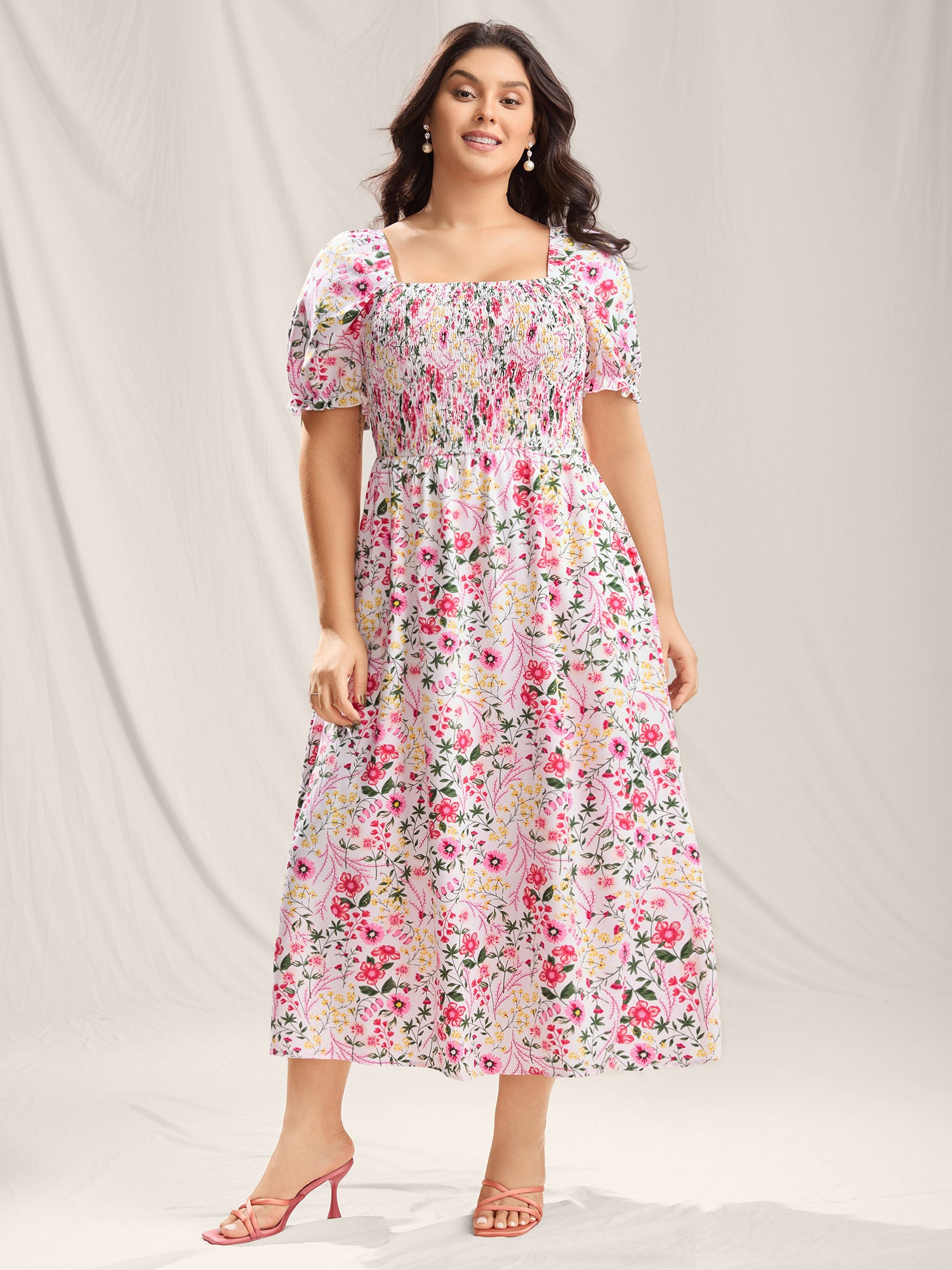 Shirred Floral Print Pockets Maxi Dress