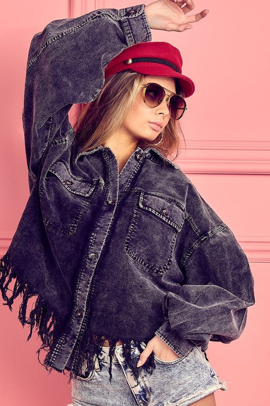 Fringe Hem Washed Corduroy Button Down Shacket