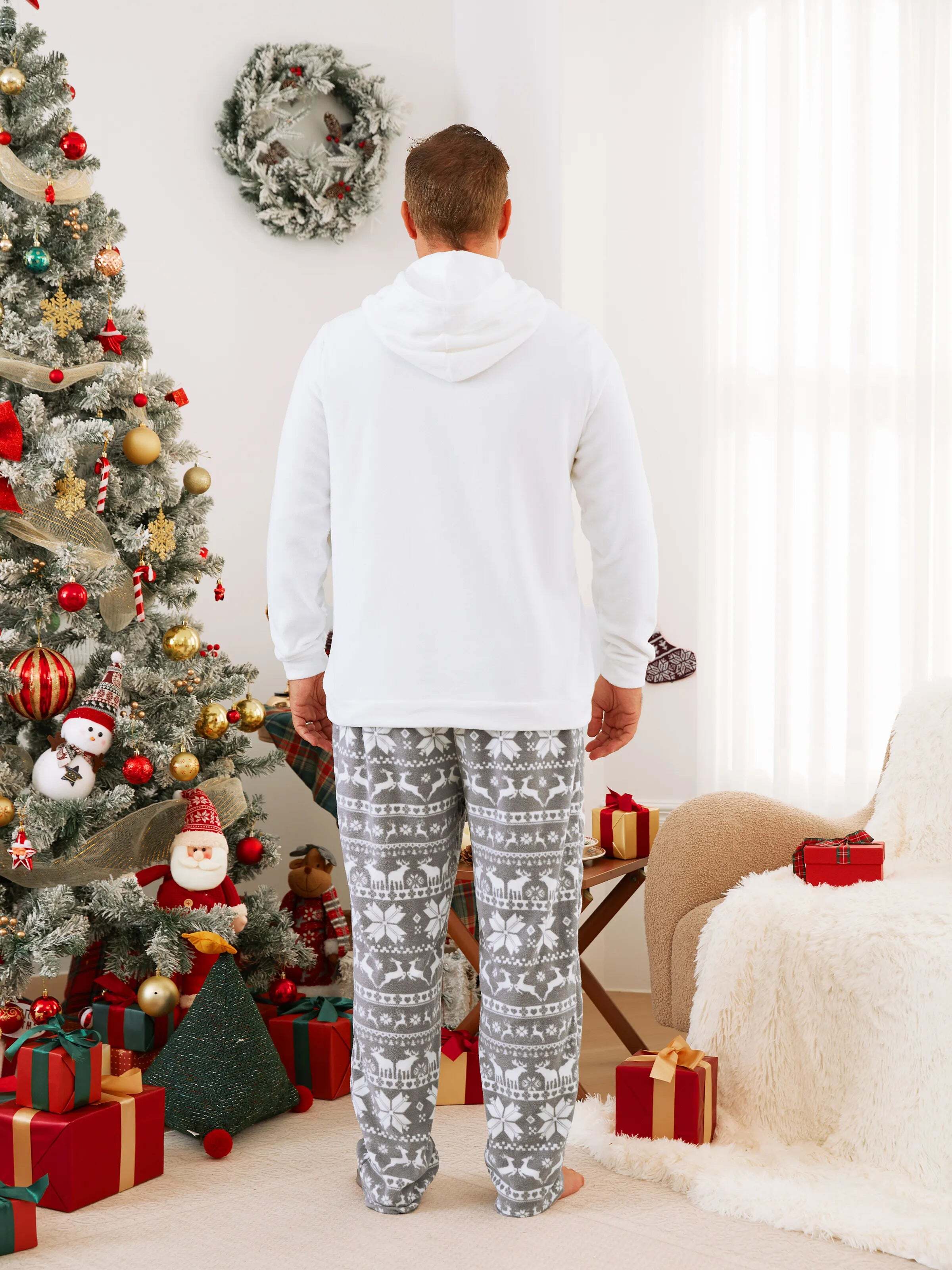 Christmas Family Matching Letters Embroidered Long-sleeve Hooded Fleece Pajamas Sets with Christmas Socks White