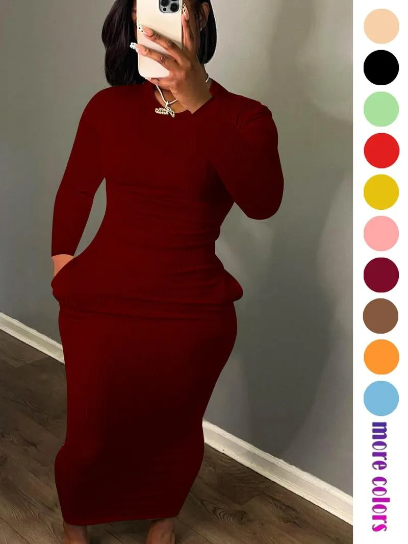 Women's Long Sleeve Pocket Dress, Breathable Elastic Multi-Color Party Casual Travel Pure Color Maxi Dress