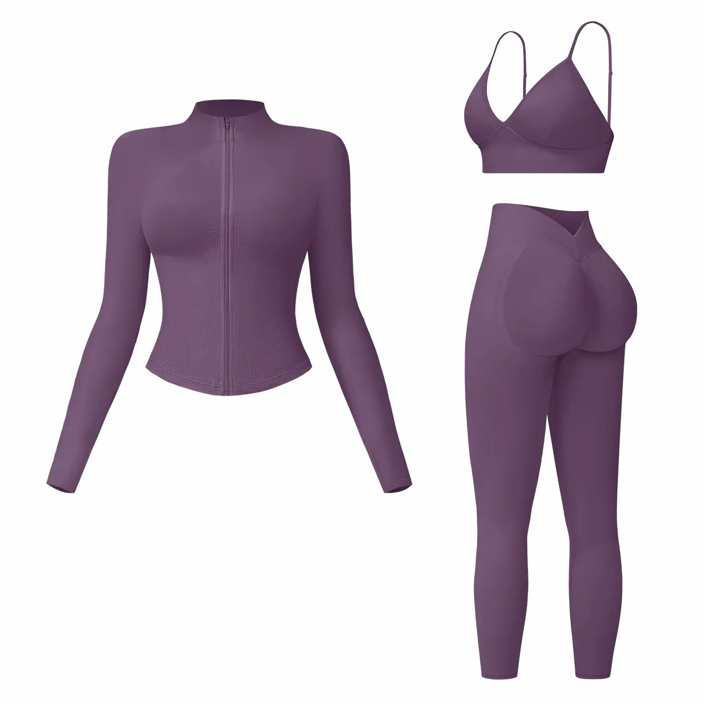 Women's 3-Piece Activewear Set – Criss Cross Crop Top, High Waist Leggings & Zip Up Jacket