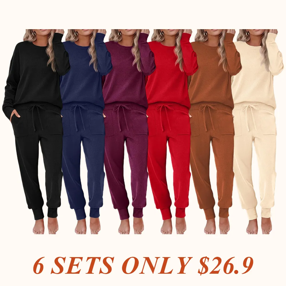 Women's Long Sleeve Knit Loungewear Set Jogger Pants Outfit