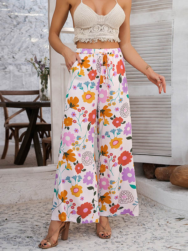 Contrast Color Drawstring Flower Print Pockets High Waisted Loose Trousers Pants
