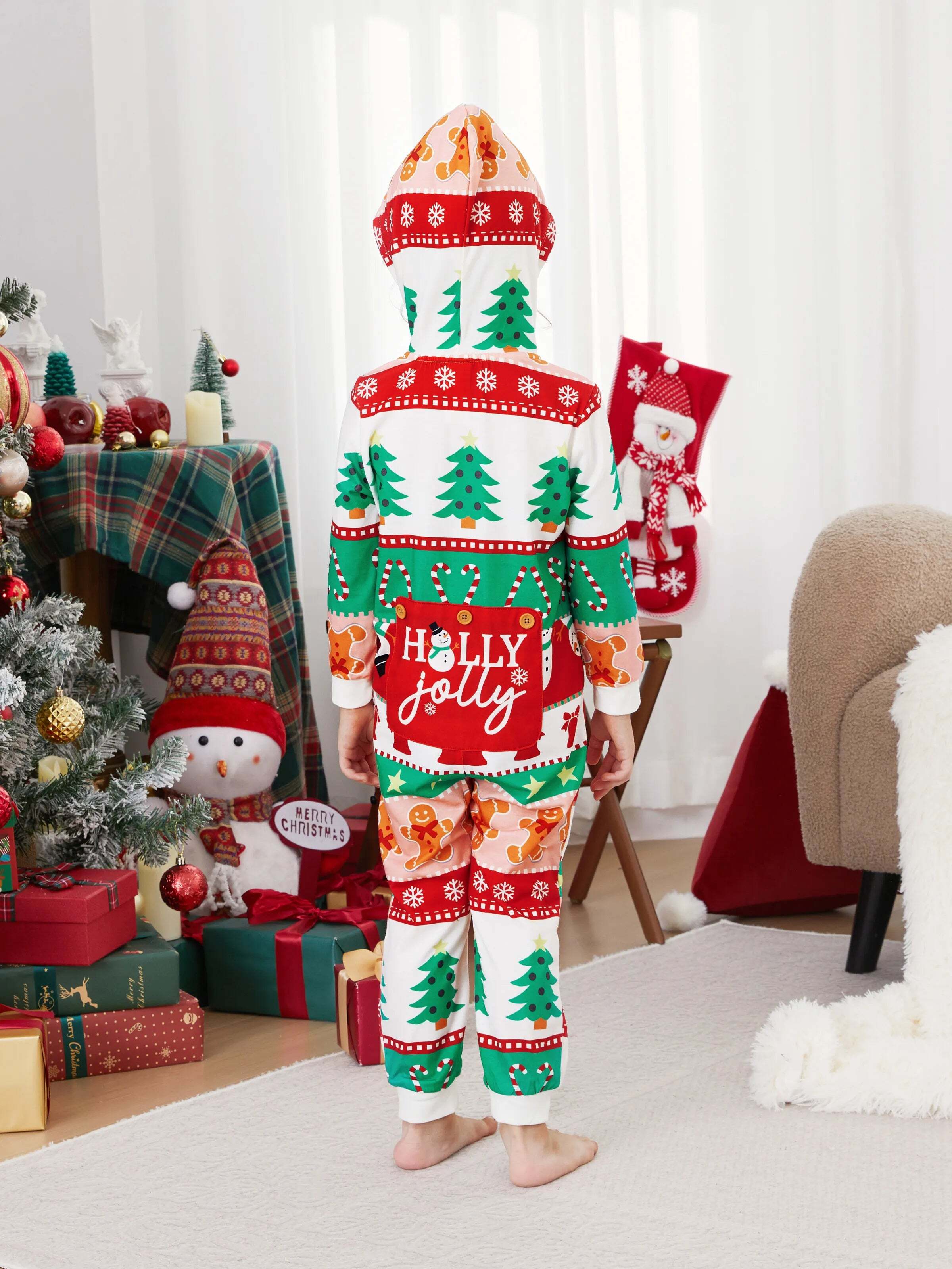 Onesies Pajamas Matching Christmas Outfits Allover Pattern Zipper Front Holly Jolly Print with Christmas Socks Back MultiColour