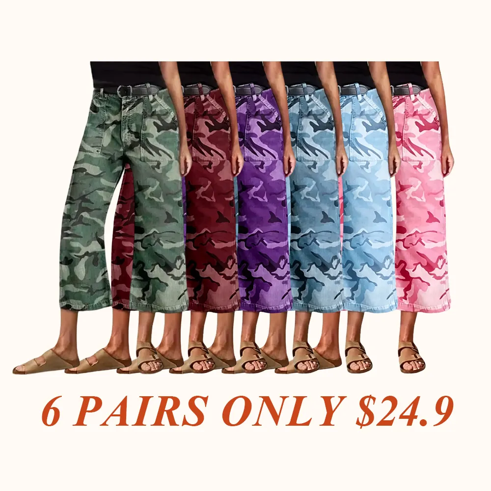 Camo Print Mid Waist Straight Leg Capri Pants Without Belt