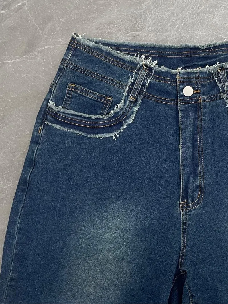 Raw Hem High-Waisted Denim Jeans with Pockets