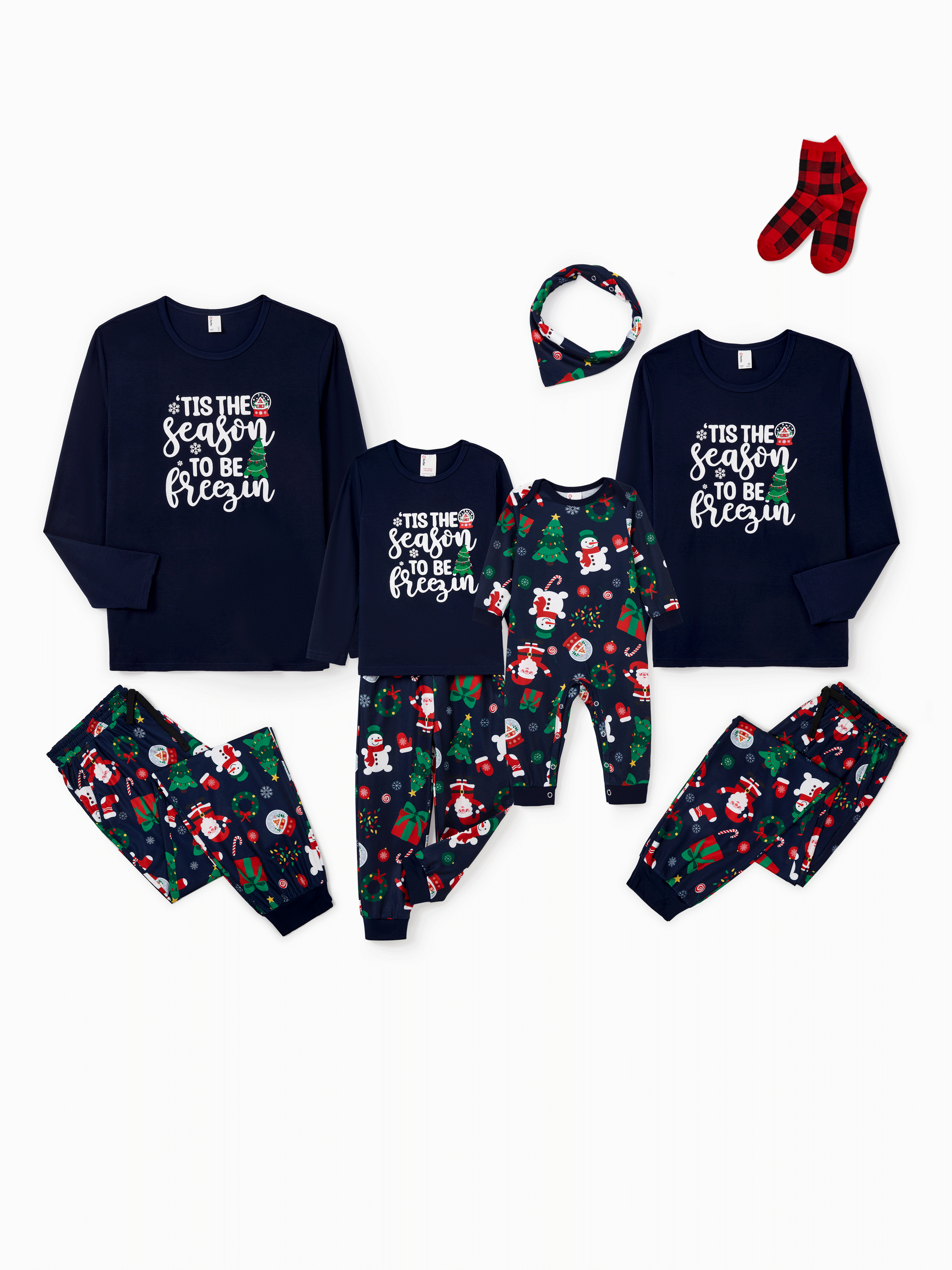Christmas Matching Family Pajamas Set Glow In The Dark Santa Claus Dark Blue PJS with Christmas Socks Deep Blue