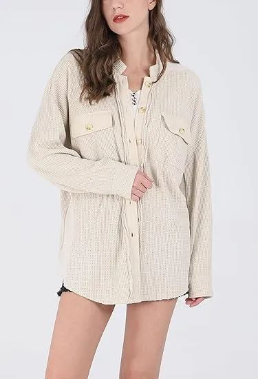 Women's Loose Fit Batwing Sleeve Waffle Knit Button Down Shirt Shacket Tops