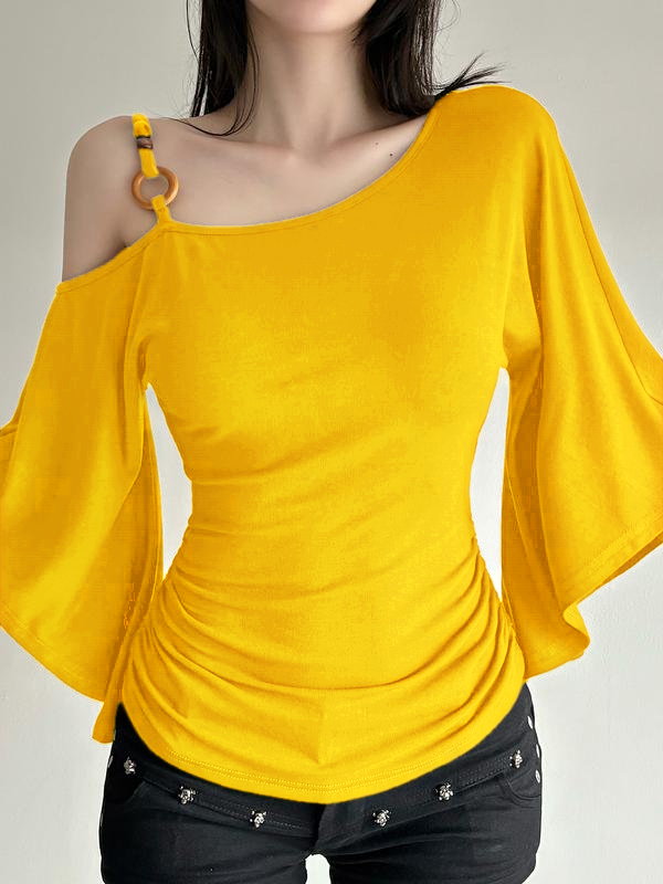 Women’s Retro Asymmetrical Beaded Shoulder Top – Slim Fit Flounce Sleeve Blouse