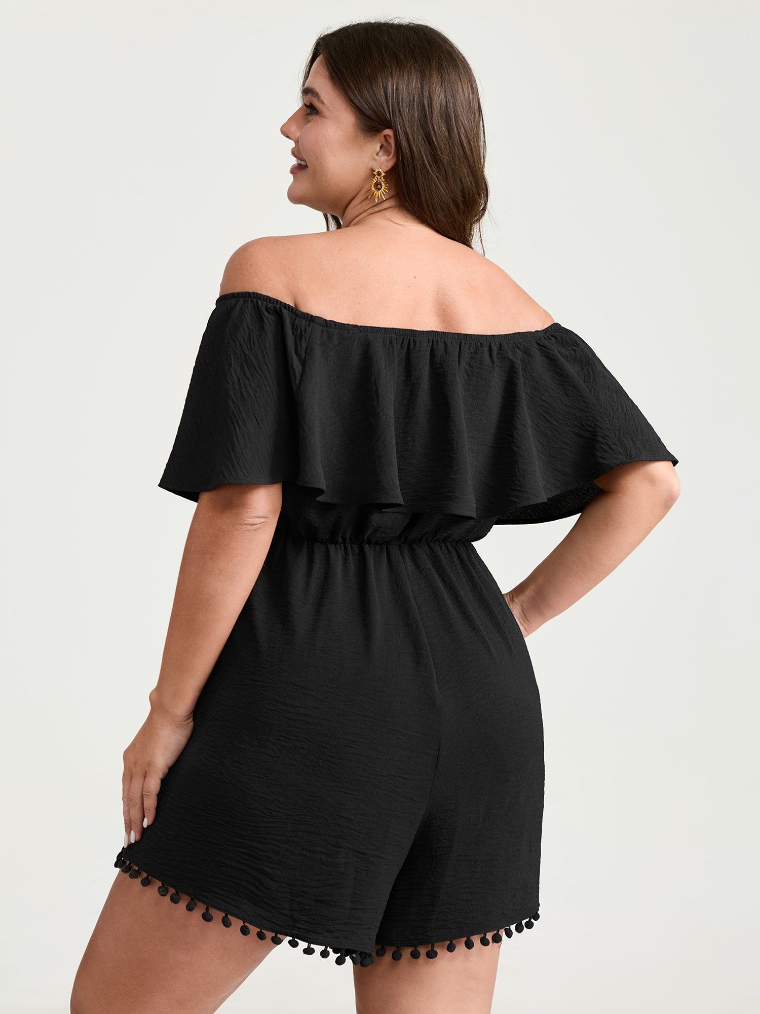 Off-Shoulder Tassel Hem Romper
