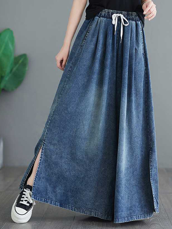 Drawstring Split-Side Loose Wide Leg Trousers Jean Pants Bottoms