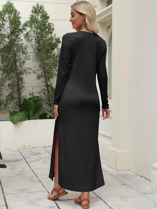 Women Long Sleeve Dresses 2026 Fall Casual Crewneck Loose Fit Split Flowy Wrinkle-Free Travel Vacation Maxi Dress