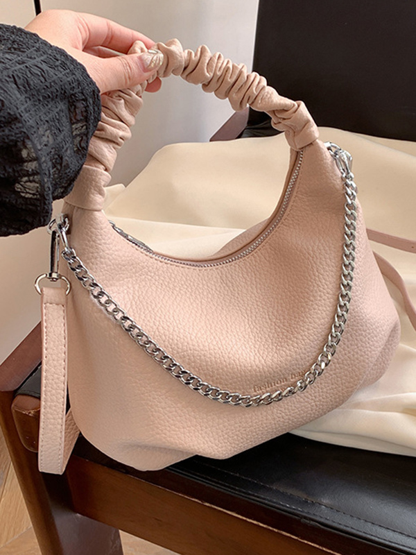 Chains Pleated Solid Color Zipper Handbags Crossbody Bags