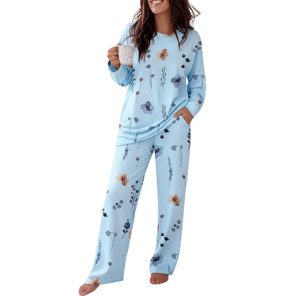 Women's Printed Crew Neck Long-Sleeved Top and Printed Trousers Set