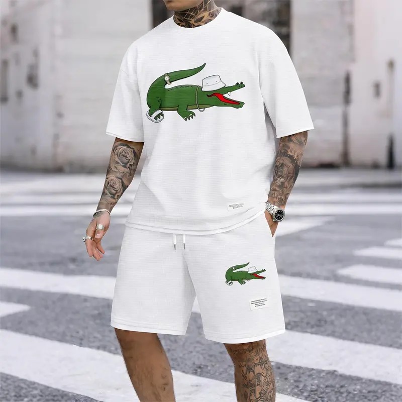 Men's Waffle Knit Two-Piece Set – Breathable Short Sleeve & Drawstring Shorts