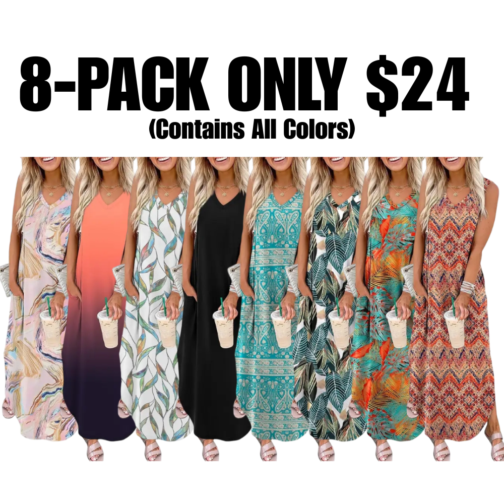 Casual Floral Dresses Maxi Dress Vacation Beach Sundresses  with Pockets