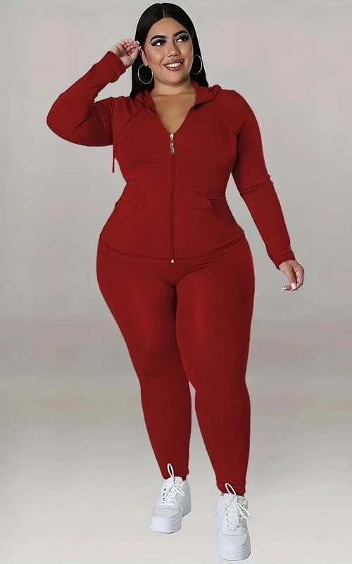 Plus Size Solid Zip Up Hooded Top & Skinny Pants Set