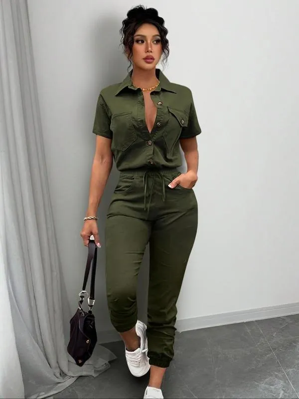 Women's Solid Button Front Pocket Jumpsuit, Casual Short Sleeve Jumpsuit for Daily Wear