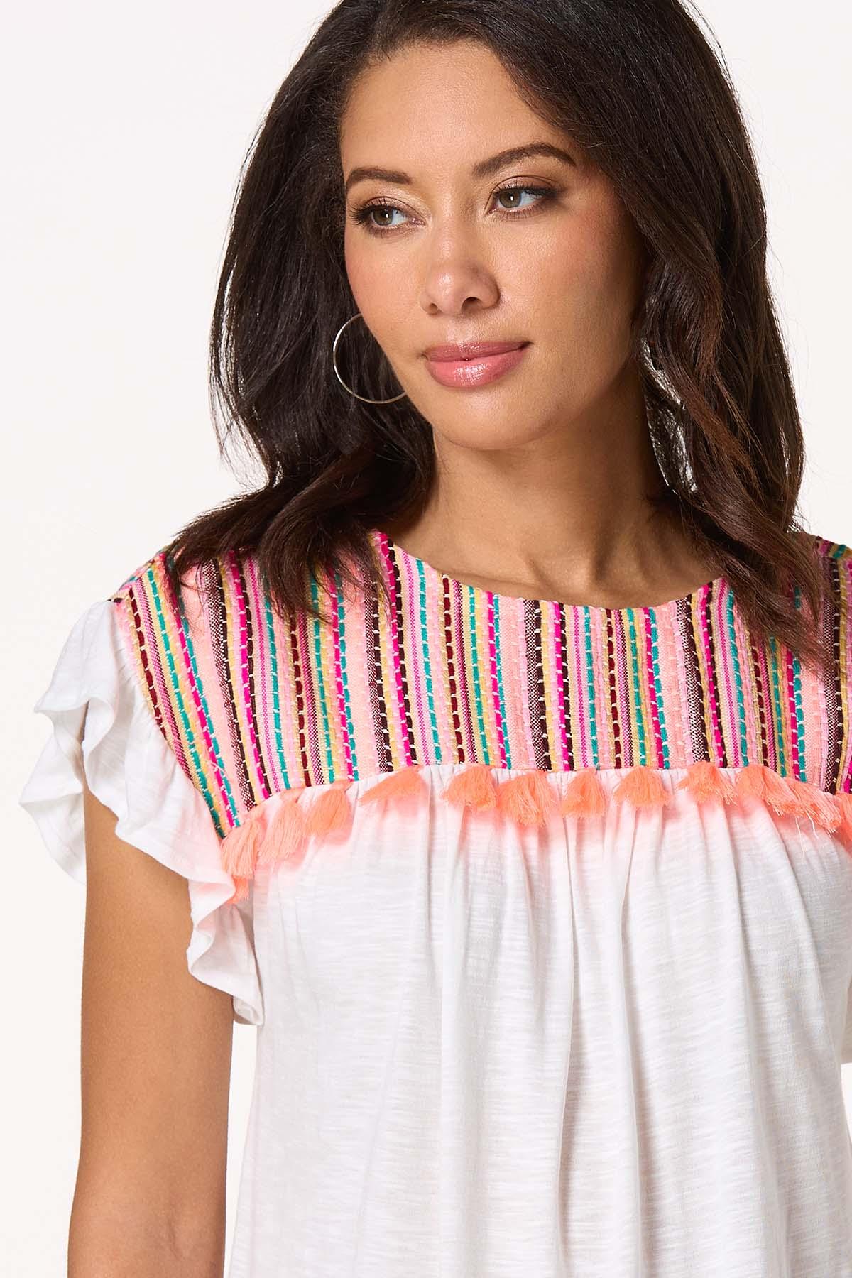 Tasseled Embroidered Stripe Top