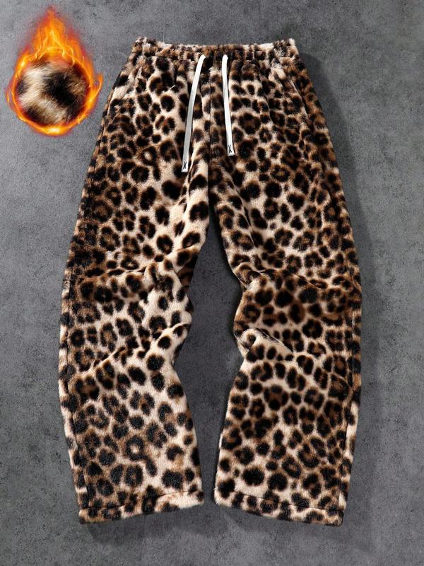 Unisex Leopard Print Fleece Pants, Soft Rabbit Fur Fabric, Fall Winter Warm Comfort, Street Hip Hop Style, Daily & Outdoor Wear