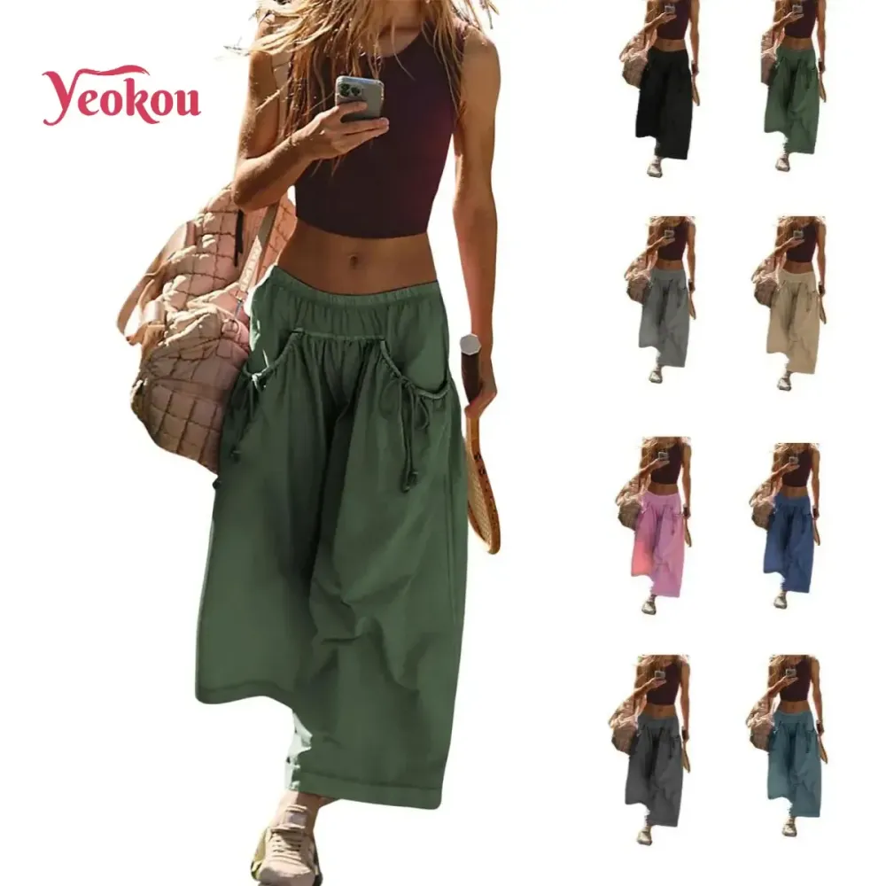 Women's Loose Wide Leg Track Pants Boho Sport Style Drawstring Pockets Elastic Waist Capri Hiking