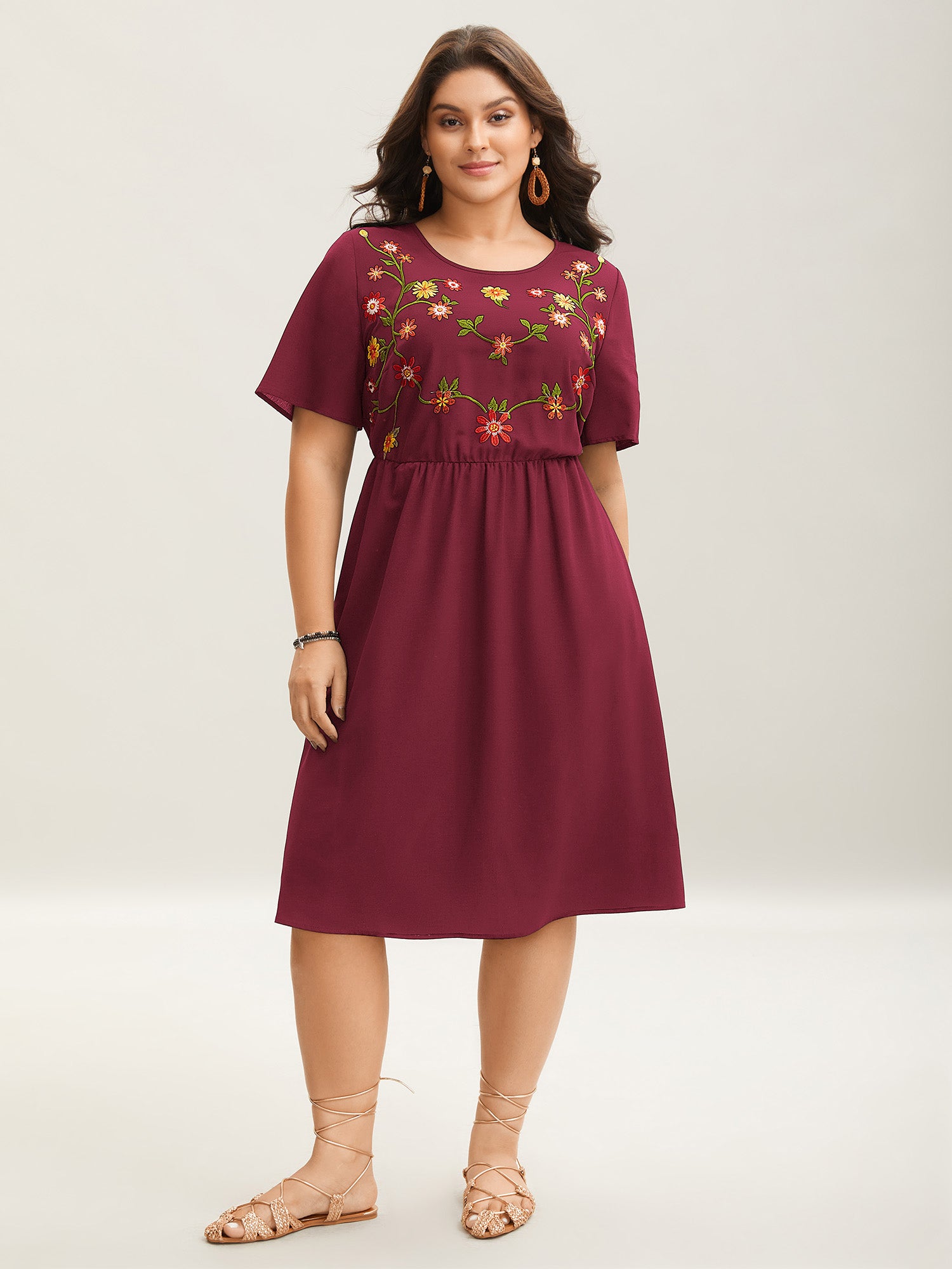 Floral Embroidered Waist-Cinched Midi Dress