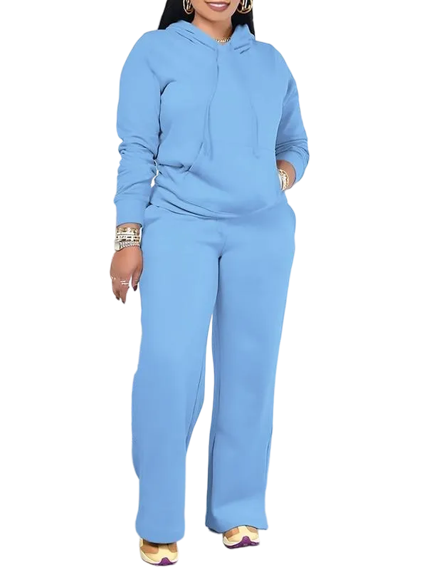 Women's solid color drawstring hoodie and high-waisted pants set