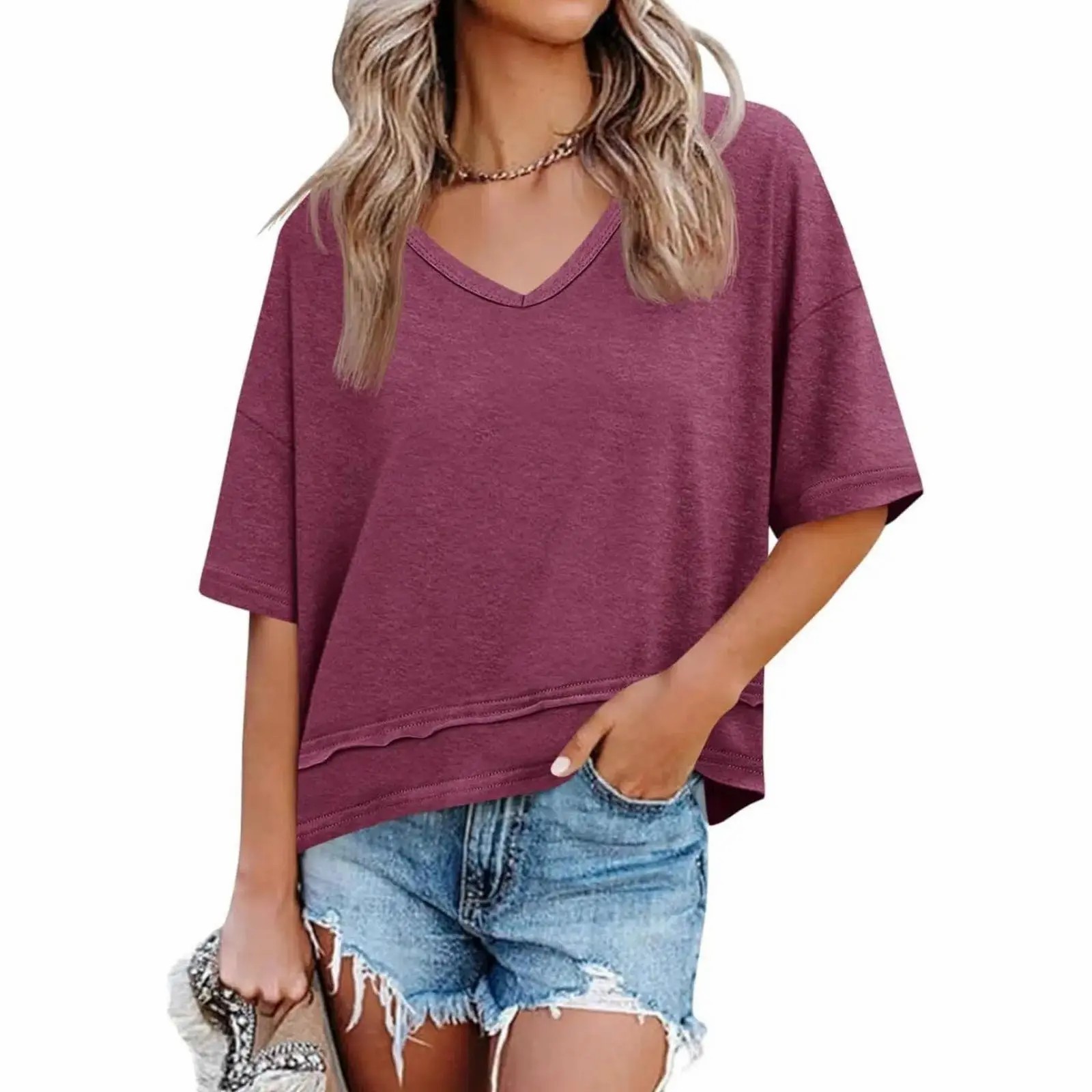Women's V Neck Flowy Short Sleeve Tee – Casual Loose Fit Basic Top