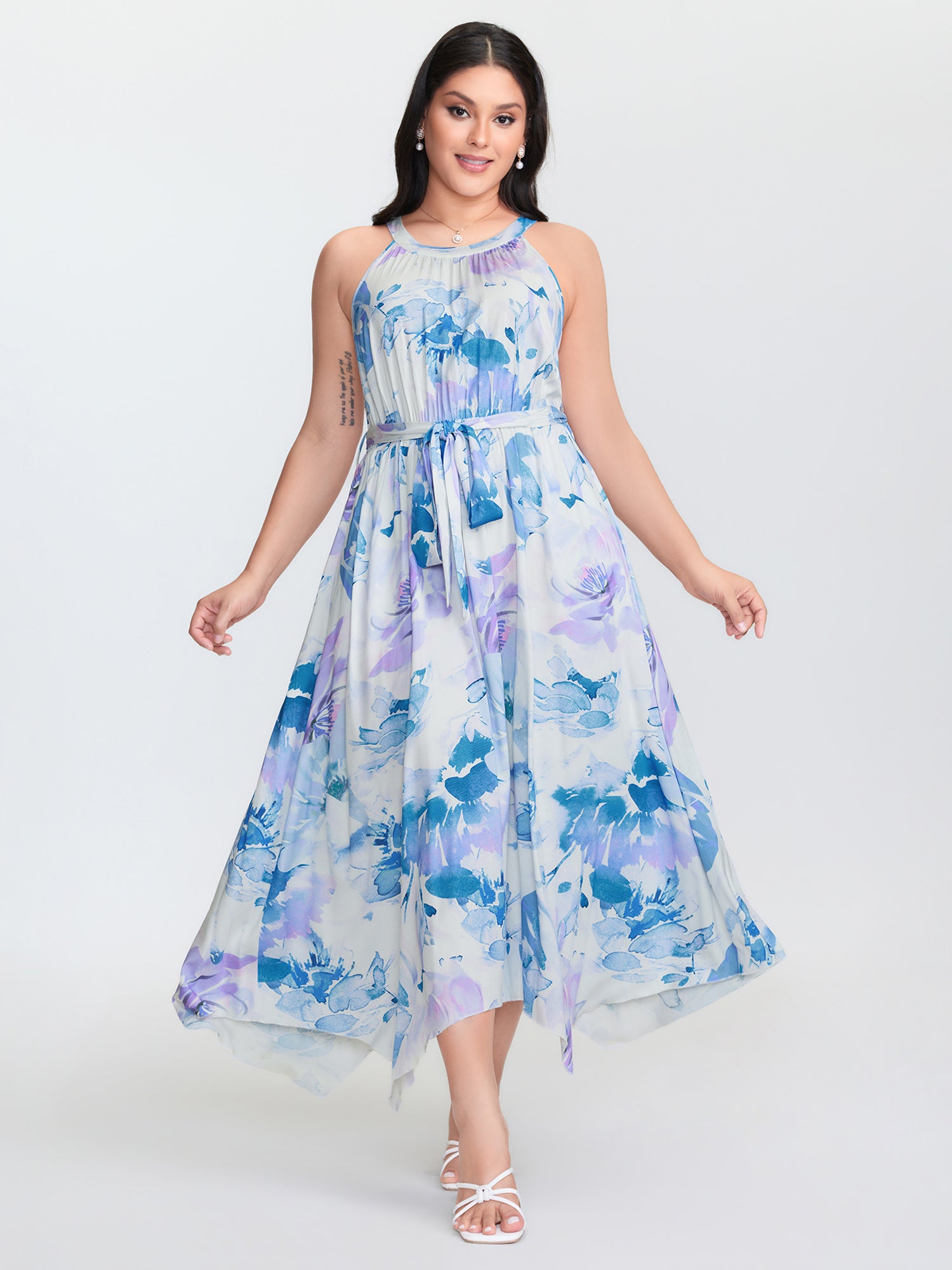 Floral Breeze Print Halter Neckline Midi Dress