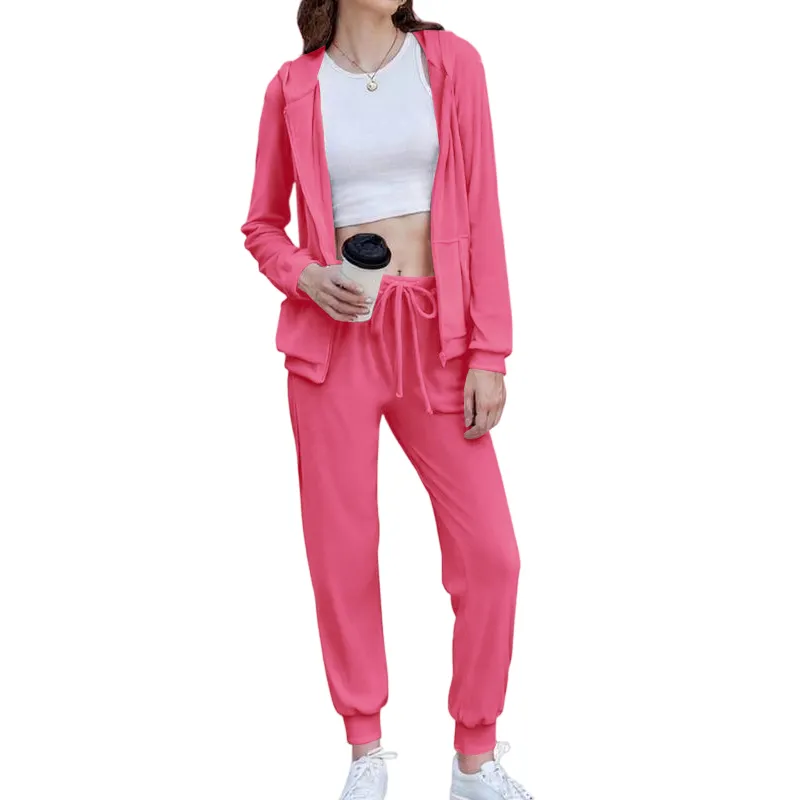 Women's Casual Velour Tracksuit Set Full Zipper Hoodie