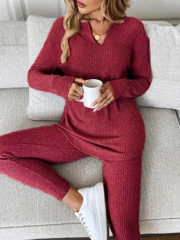 Women's Casual Plush Rib-Knit Long Sleeve T-Shirt And Leggings Suit
