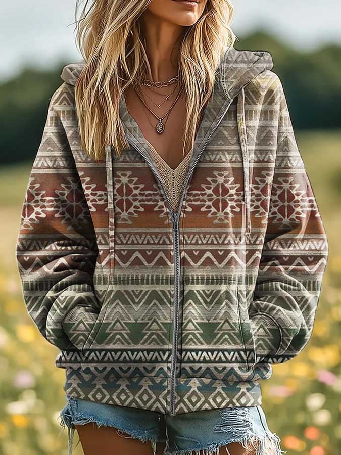 Women's Western Retro Print Casual Hooded Sweatshirt