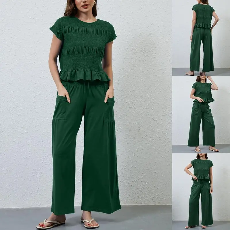 Womens 2 Piece Smocked Top Wide-Leg Pants Set