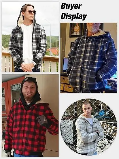 Men's thickened plaid fleece hooded jacket, warm winter jacket with sherpa lining and full zipper closure