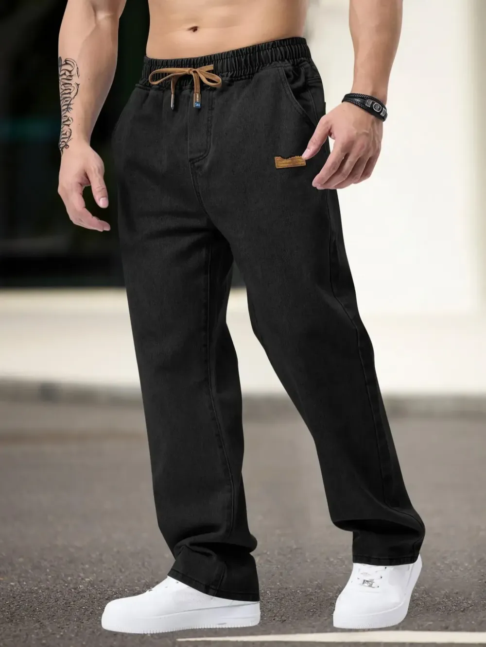 Men's Drawstring Elastic Waist Jeans, Washed Vintage Straight Leg Plain Denim Jeans