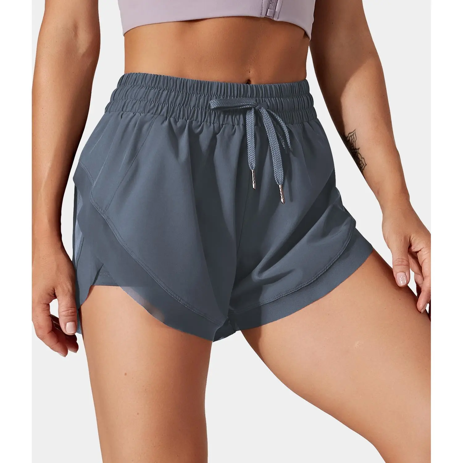Drawstring Contrast Flowy Mesh Dolphin 2-in-1 Shorts