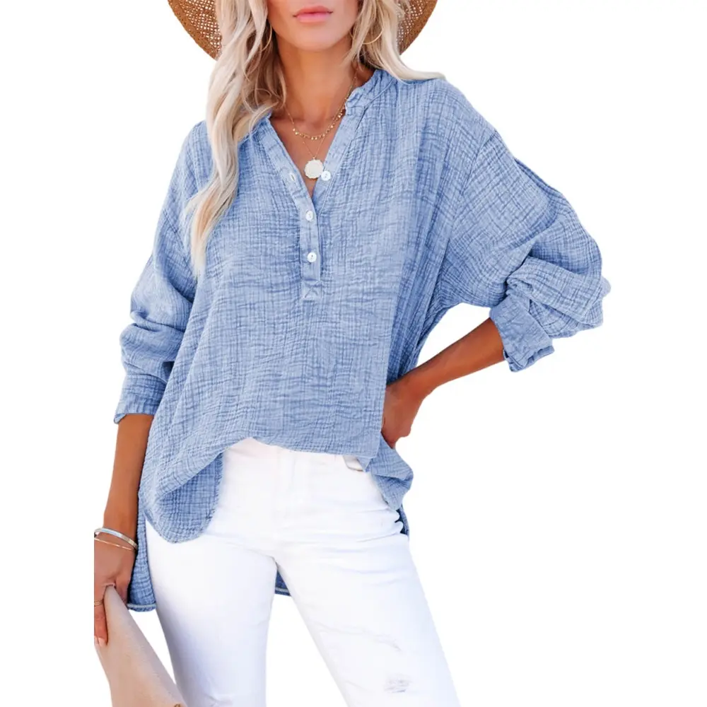Women's Casual Button V Neck Long Sleeve Shirts Oversized Solid Blouses Tops 100% Cotton Boyfriend Style Loose Fit