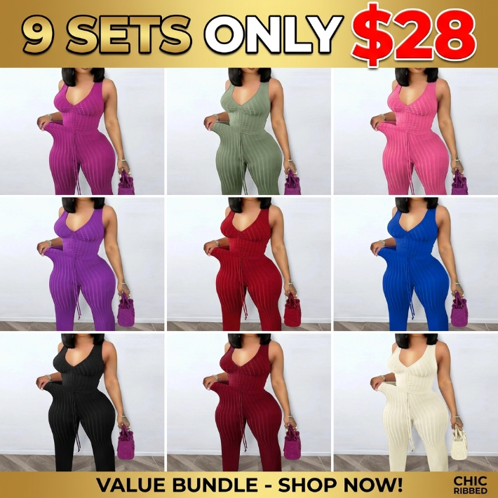 Women's Solid Ribbed Ruched Drawstring Crop Tank Top & High-Waisted Pants Set