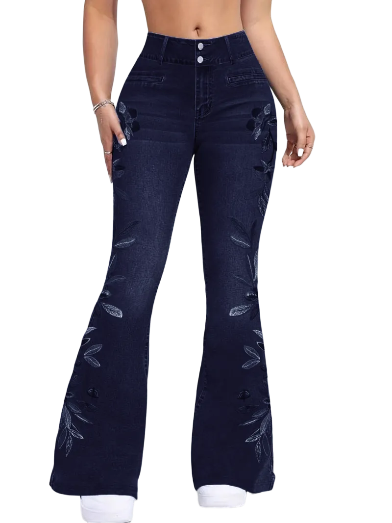 Women's denim printed flared pants