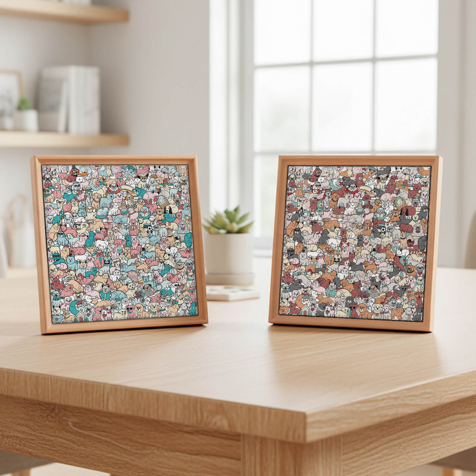 195 Pcs Morandi-Colored Cute Dog Shaped Square Wooden Jigsaw Puzzle