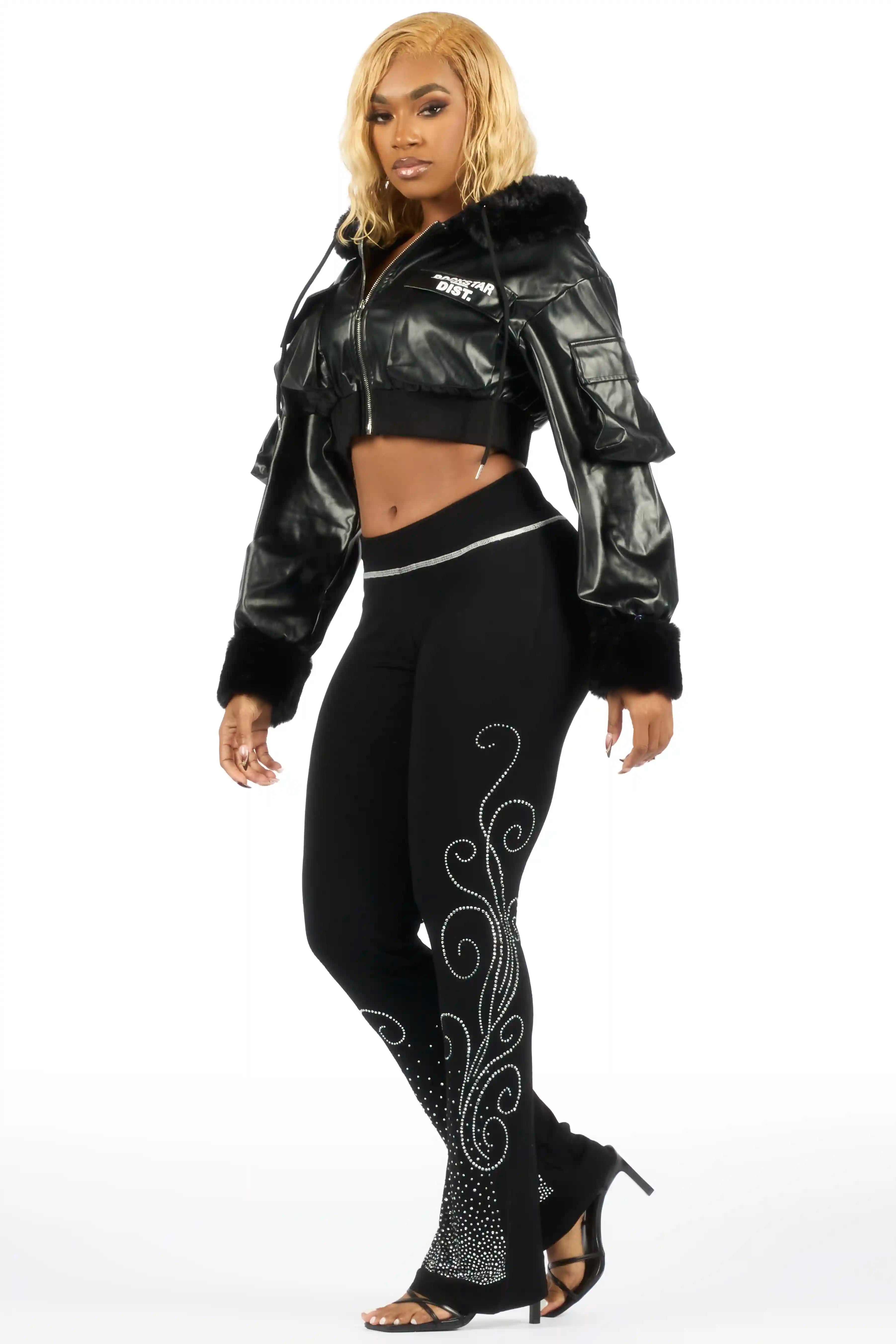 Amyia Black PU Jacket With Fur Hoodd