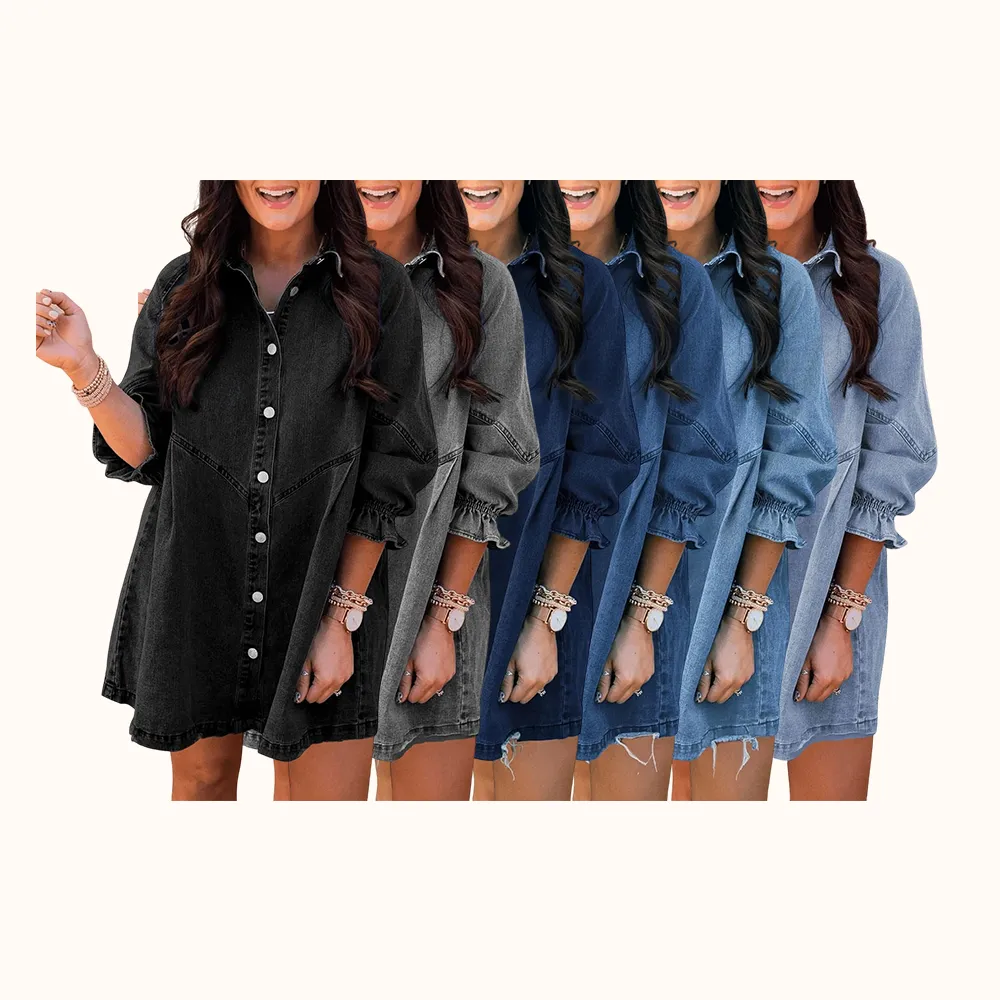 Washed Denim Puff Sleeve Mini Dress – Short-Length Collared Button Down with Ruffle Hem & Matte Silver Buttons