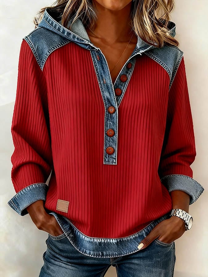 Women's Casual Hooded Collar Denim Patchwork Sweatshirt