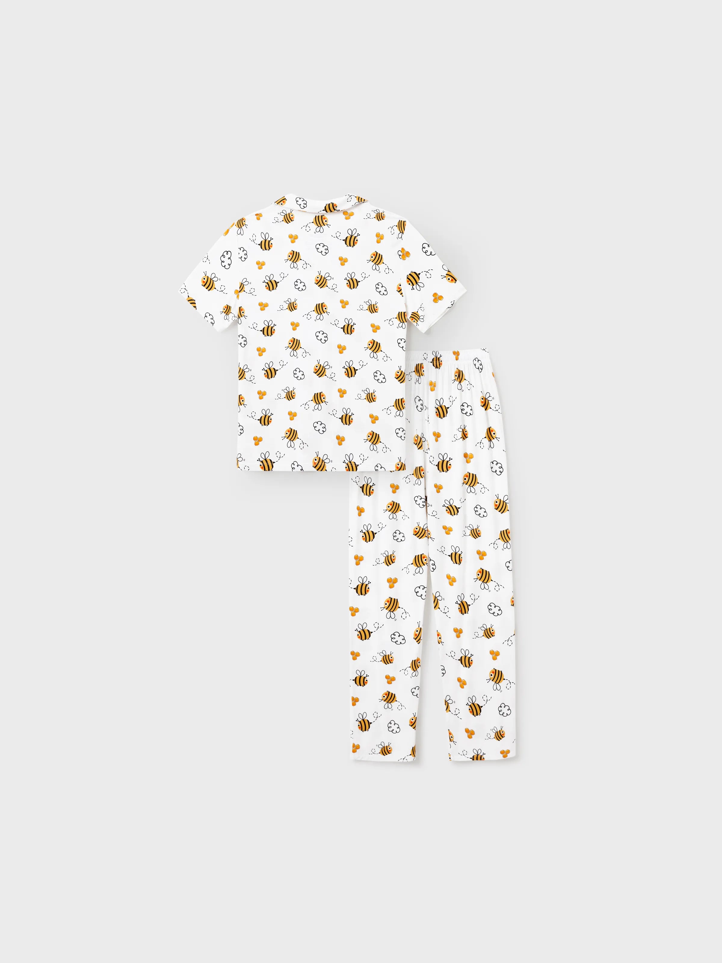 Family Matching Bamboo Pajamas Soft Bamboo Viscose PJs for Men Women Kids Toddler, Cute Bee Print Sleepwear with Short Sleeve Top and Long Pants White